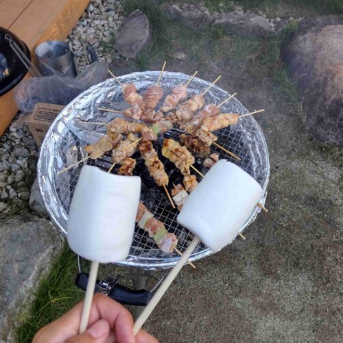 バーベキュー。網の上に焼き鳥と、ビッグマシュマロ。